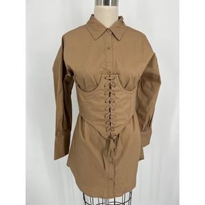 NWT Le Lis Button Up Open Bust Corset Shirt Sz S Light Brown Tunic Length